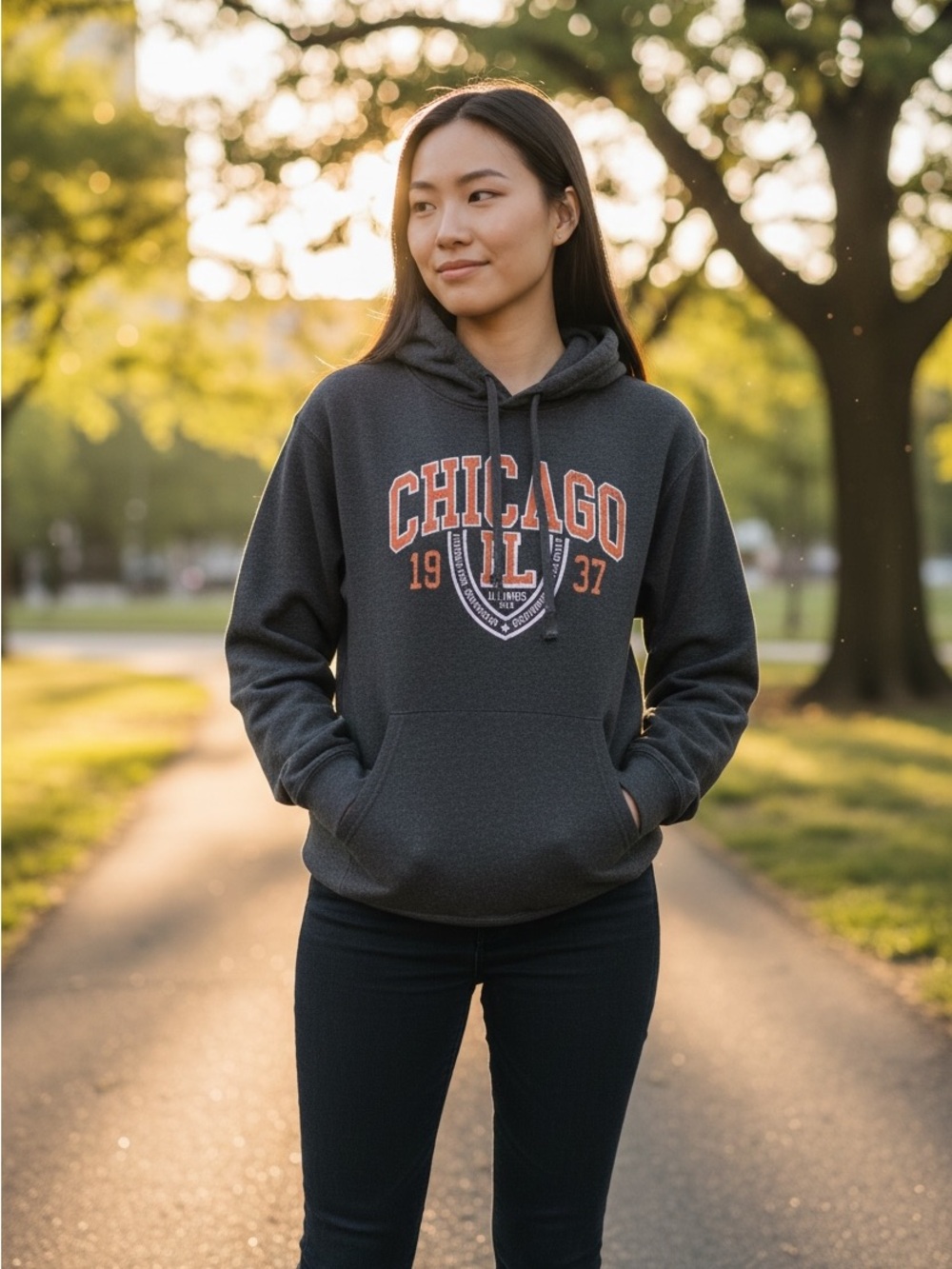 Chicago Illinois Graphic Hoodie | Gray Pullover Sweatshirt | Size Small